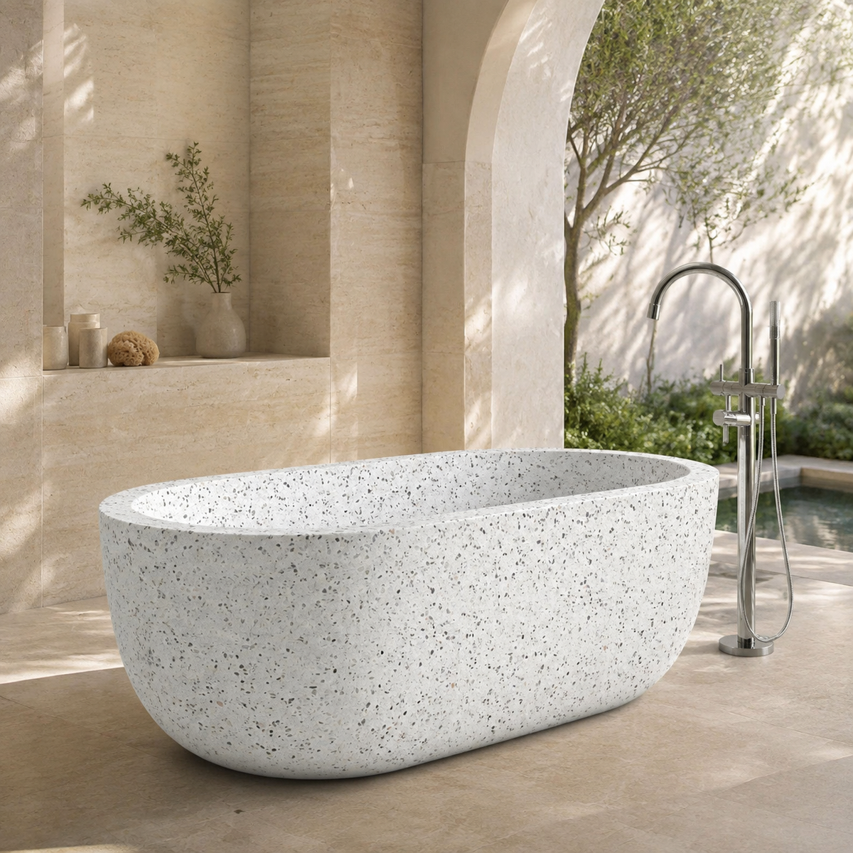 Serelle Soft-Capsule Freestanding Soaking Bathtub – Alba White Terrazzo in a bright serene courtyard spa bathroom; exact product geometry and material preserved