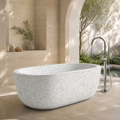 Serelle Soft-Capsule Freestanding Soaking Bathtub – Alba White Terrazzo in a bright serene courtyard spa bathroom; exact product geometry and material preserved