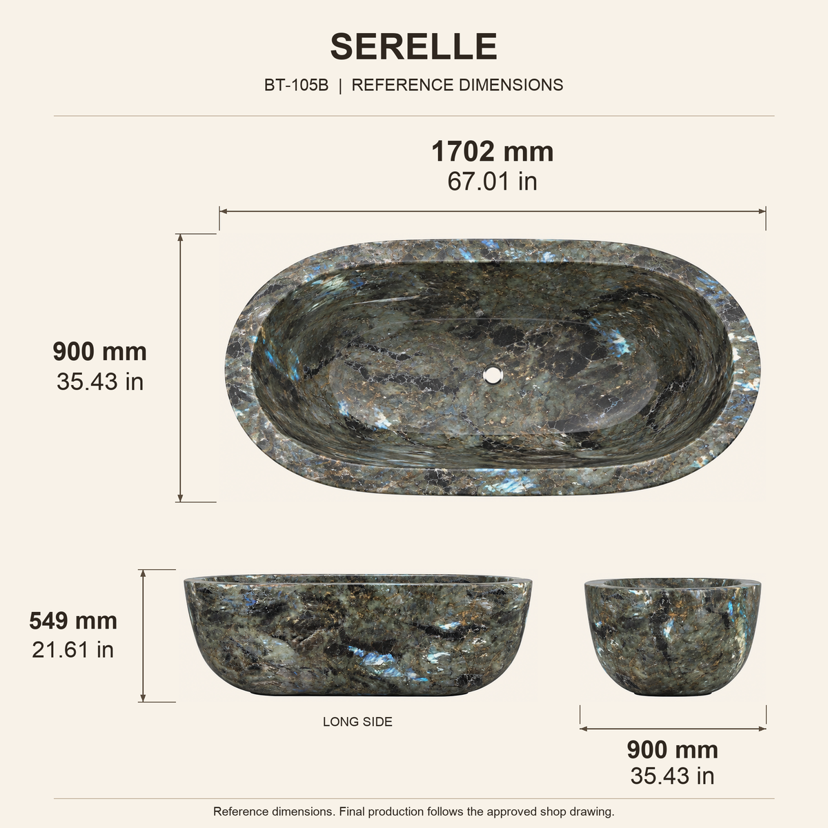 Serelle Soft-Capsule Freestanding Soaking Bathtub – Celestia Blue Quartzite reference dimension drawing with top, long-side and short-end views, measurements in millimetres and inches.