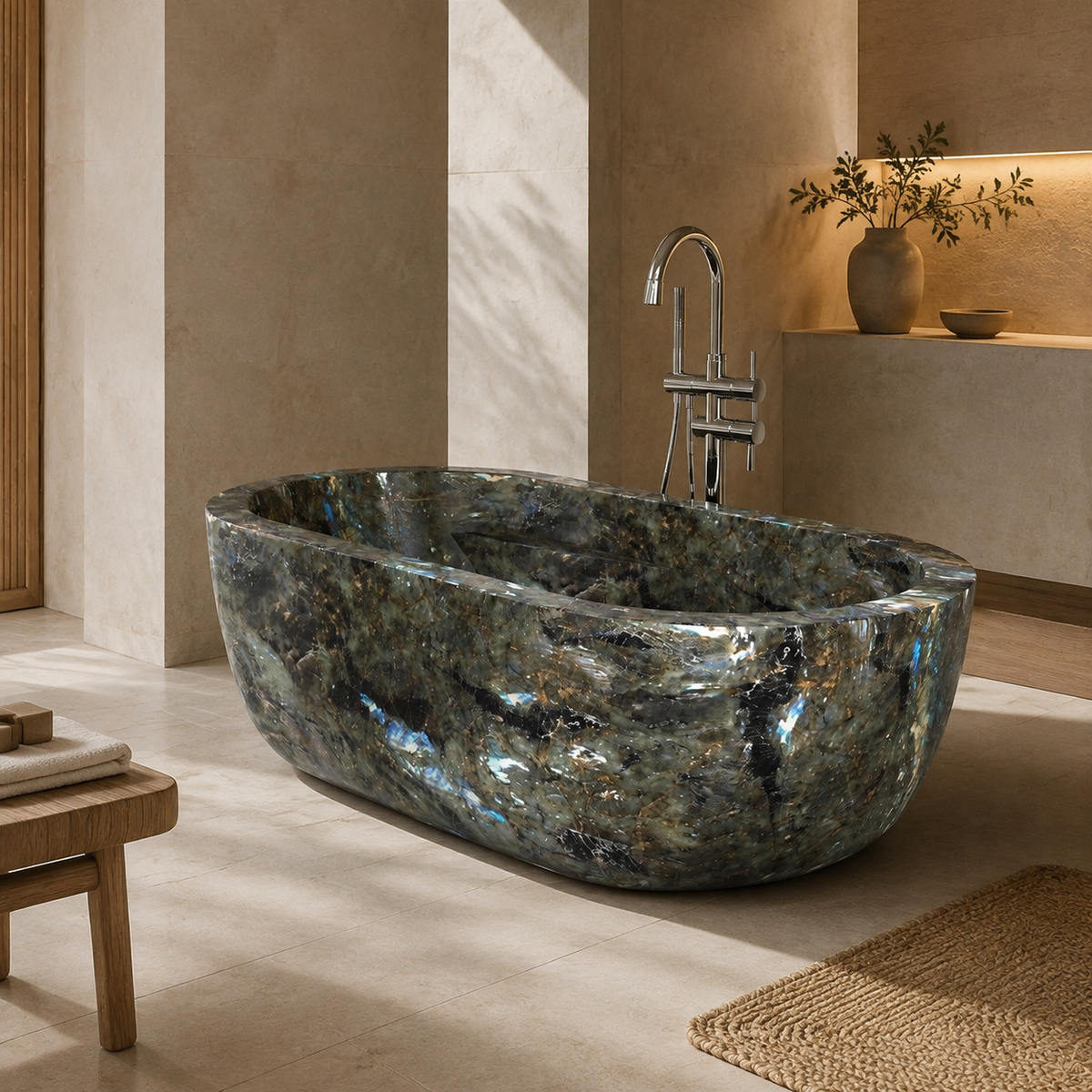 Serelle Soft-Capsule Freestanding Soaking Bathtub – Celestia Blue Quartzite in a warm ivory-limestone luxury bathroom; exact product geometry and material preserved