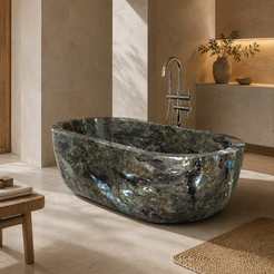 Serelle Soft-Capsule Freestanding Soaking Bathtub – Celestia Blue Quartzite in a warm ivory-limestone luxury bathroom; exact product geometry and material preserved