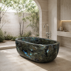 Serelle Soft-Capsule Freestanding Soaking Bathtub – Celestia Blue Quartzite in a bright serene courtyard spa bathroom; exact product geometry and material preserved