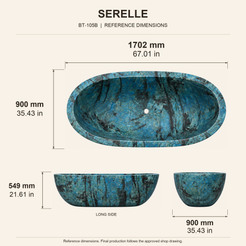 Serelle Soft-Capsule Freestanding Soaking Bathtub – Danube Blue Quartzite reference dimension drawing with top, long-side and short-end views, measurements in millimetres and inches.