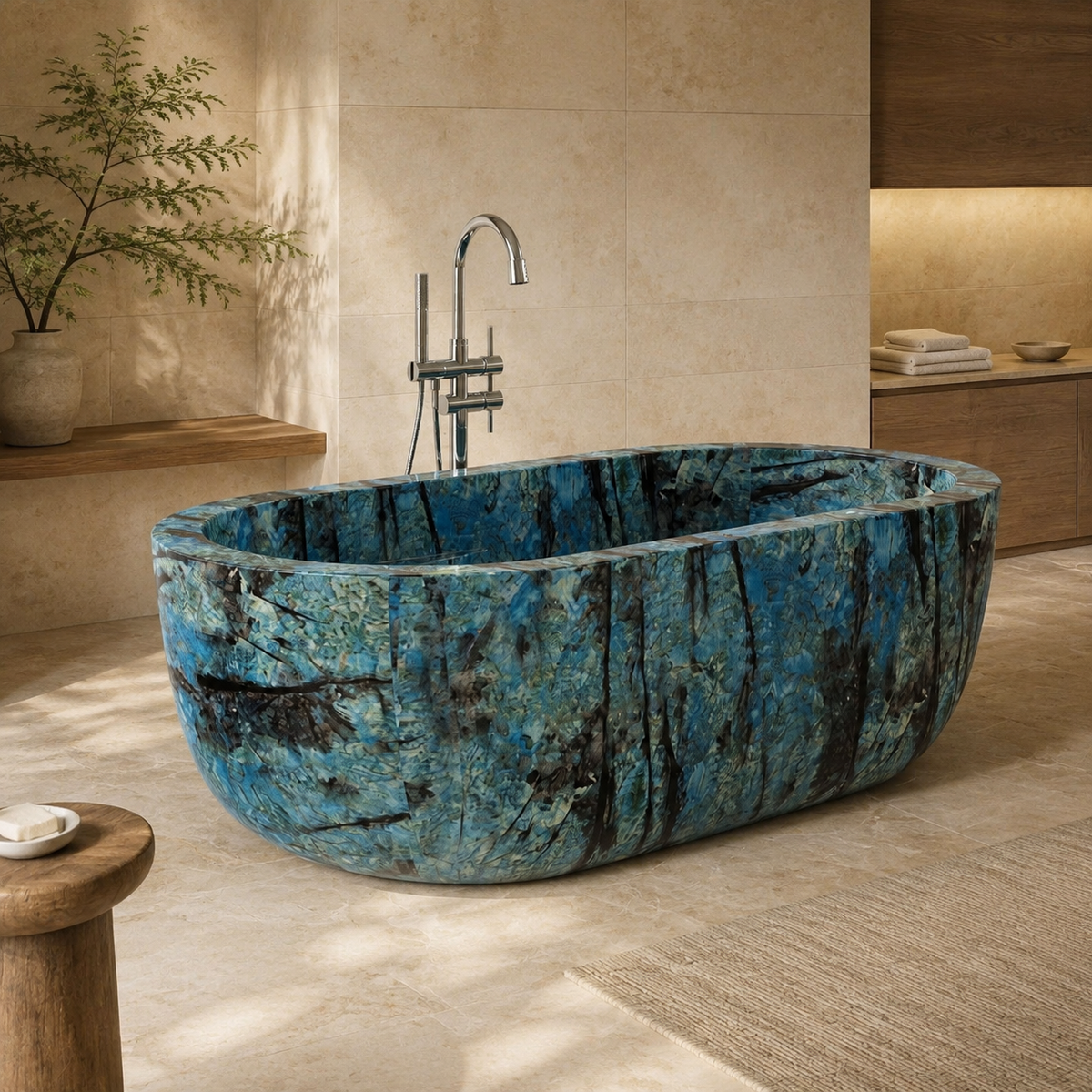 Serelle Soft-Capsule Freestanding Soaking Bathtub – Danube Blue Quartzite in a warm ivory-limestone luxury bathroom; exact product geometry and material preserved