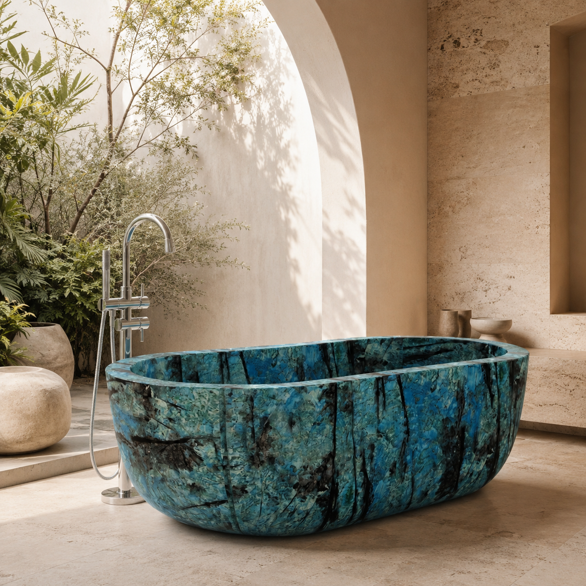Serelle Soft-Capsule Freestanding Soaking Bathtub – Danube Blue Quartzite in a bright serene courtyard spa bathroom; exact product geometry and material preserved