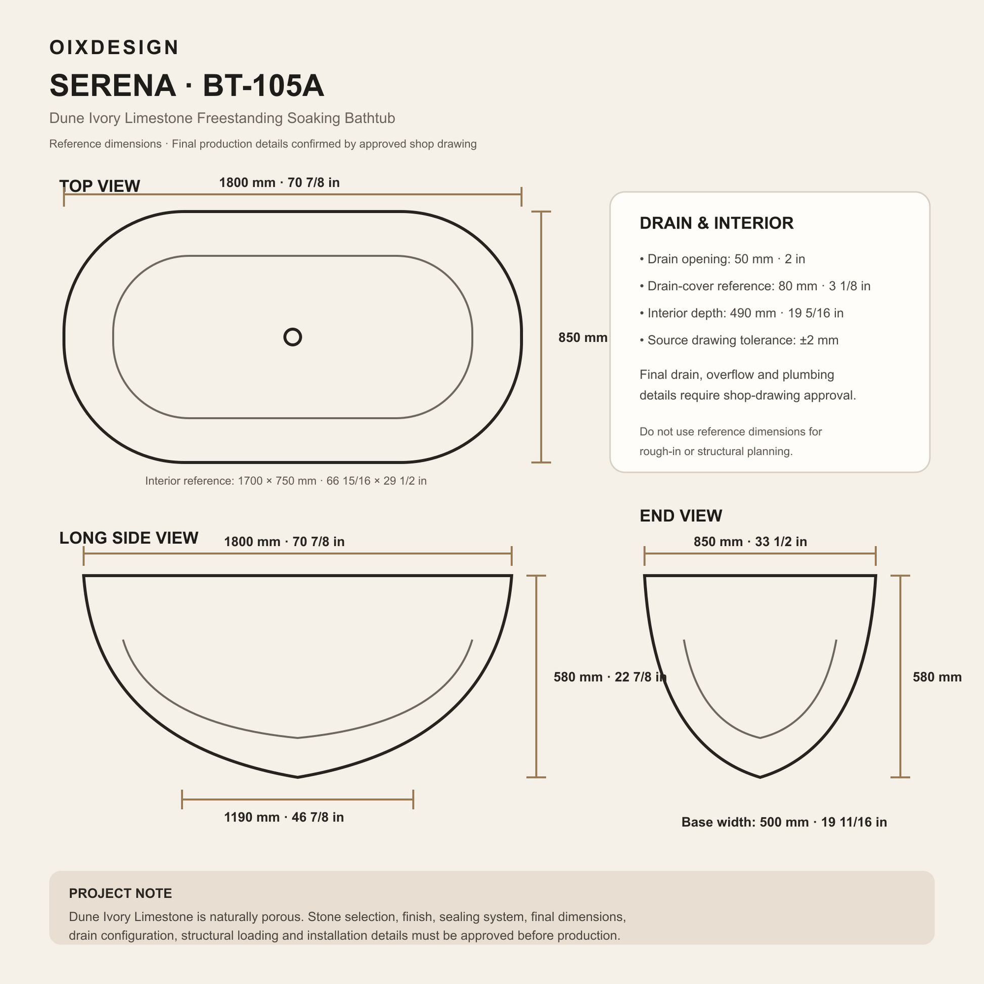 Serena BT-105A Dune Ivory Limestone bathtub dimensions, 1800 x 850 x 580 mm