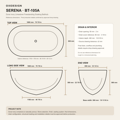 Serena BT-105A Dune Ivory Limestone bathtub dimensions, 1800 x 850 x 580 mm