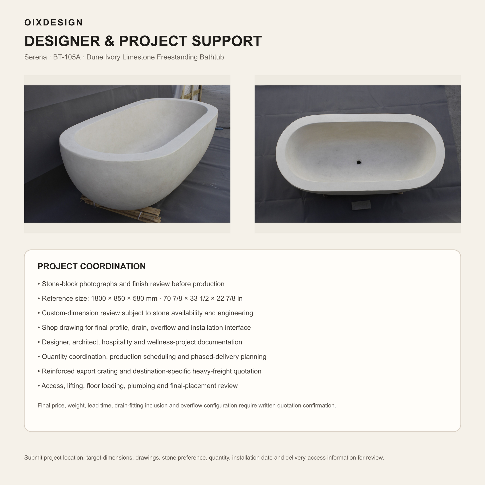 Serena Dune Ivory Limestone bathtub, stone selection and designer project support