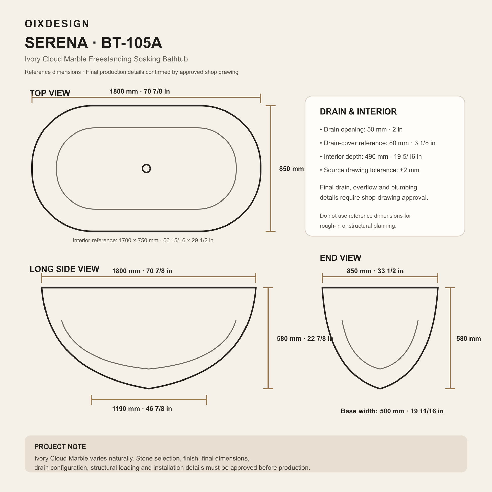 Serena BT-105A Ivory Cloud Marble bathtub dimensions, 1800 x 850 x 580 mm
