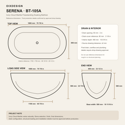 Serena BT-105A Ivory Cloud Marble bathtub dimensions, 1800 x 850 x 580 mm