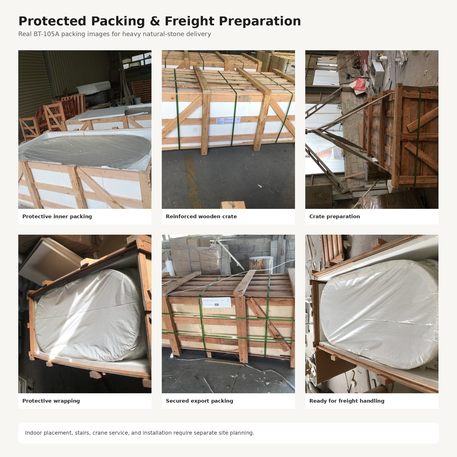 Serena marble bathtub, real protective packing and reinforced freight crate process