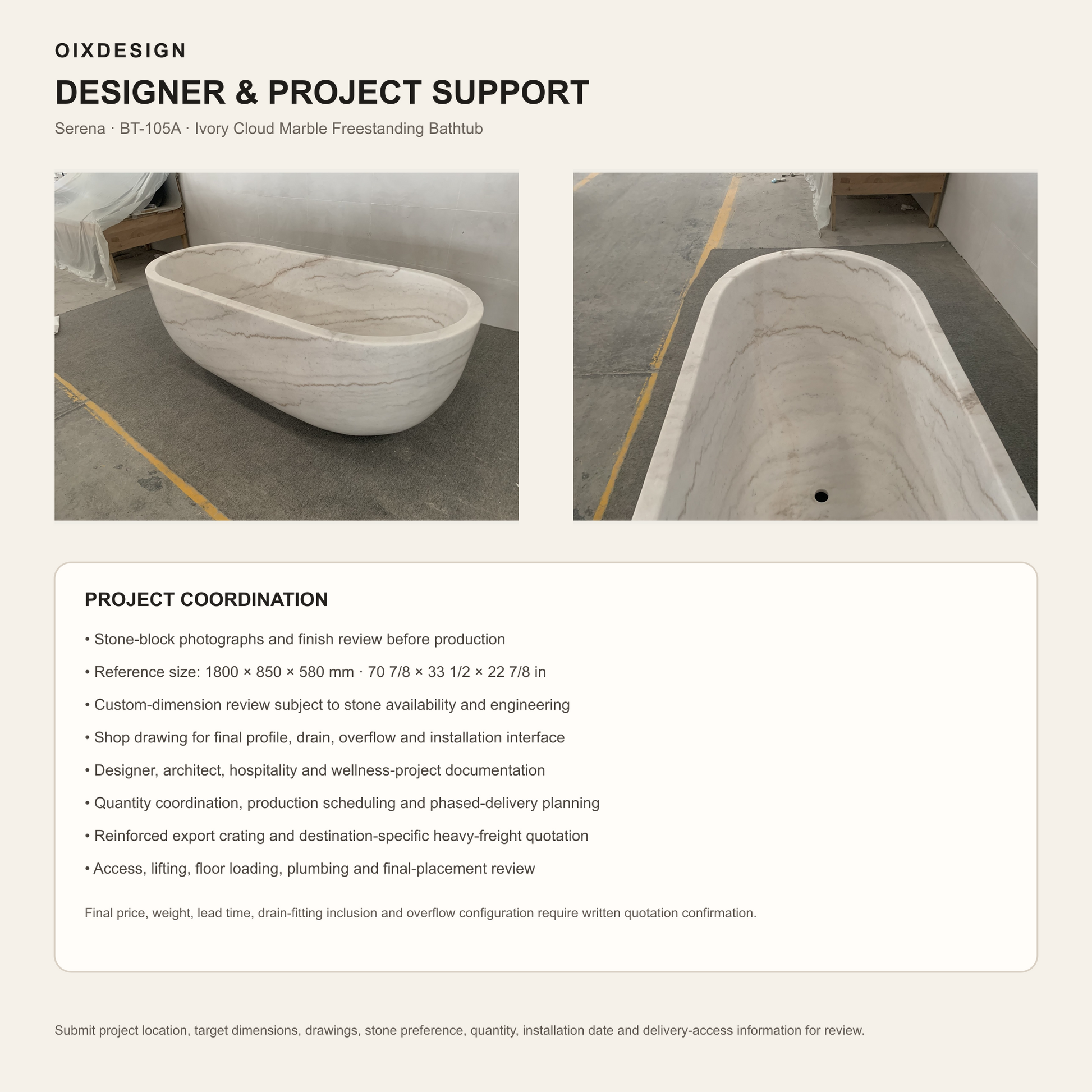 Serena Ivory Cloud Marble bathtub, stone selection and designer project support