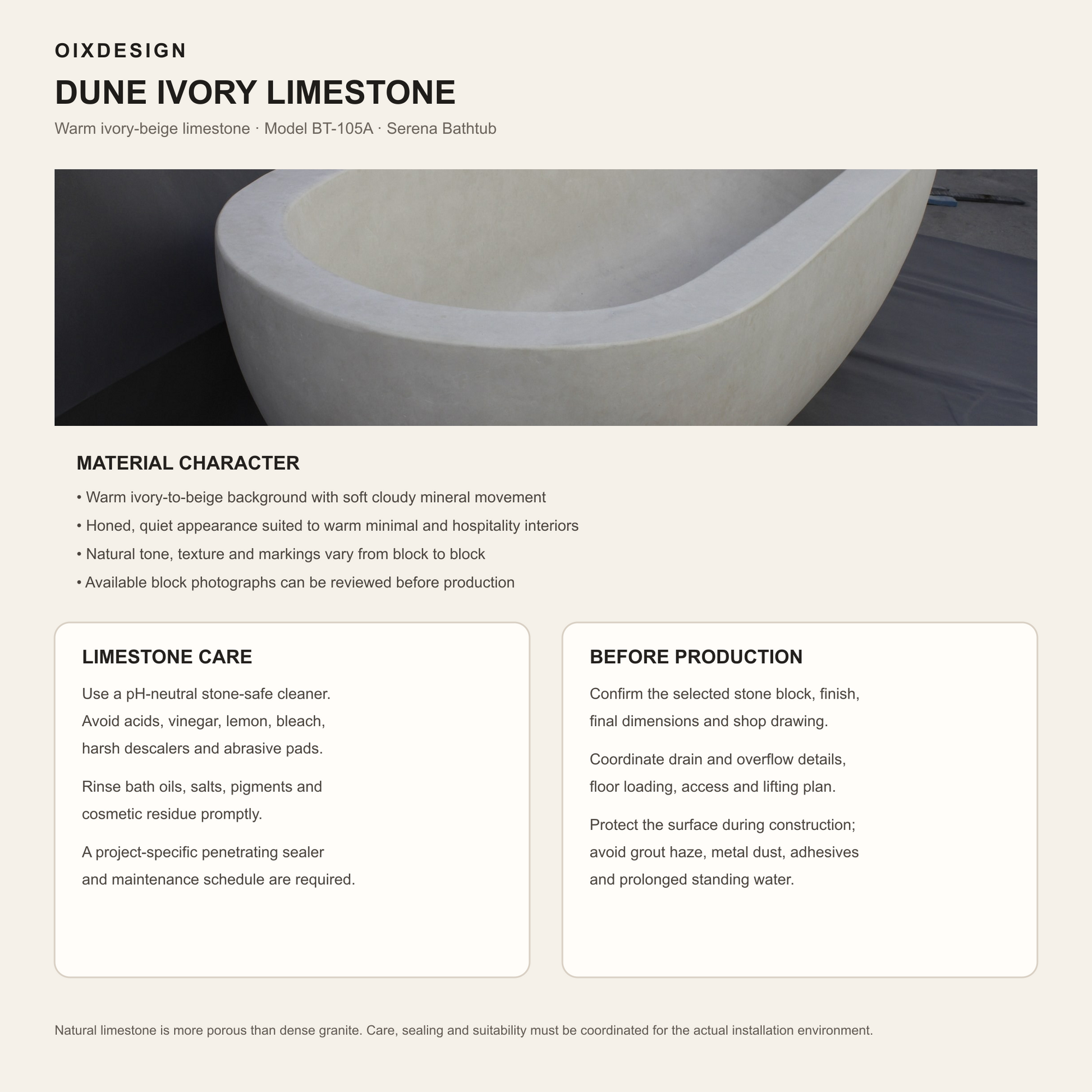 Serena Dune Ivory Limestone bathtub material character and limestone care guidance