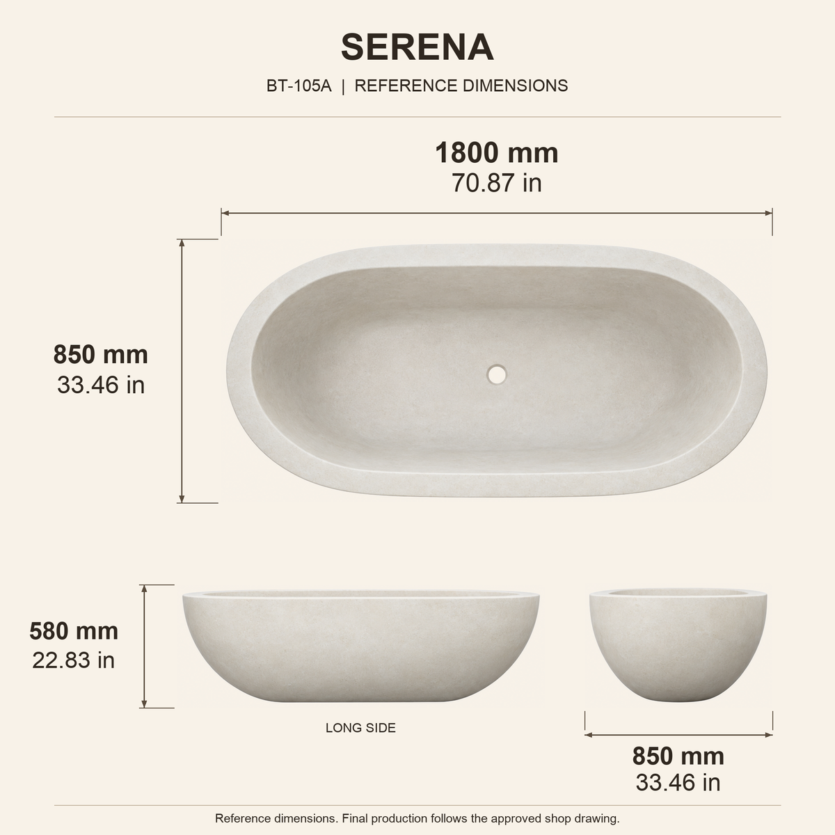 Serena Freestanding Dune Ivory Limestone Soaking Bathtub reference dimension drawing with top, long-side and short-end views, measurements in millimetres and inches.