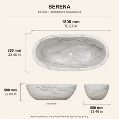 Serena Freestanding Ivory Cloud Marble Soaking Bathtub reference dimension drawing with top, long-side and short-end views, measurements in millimetres and inches.