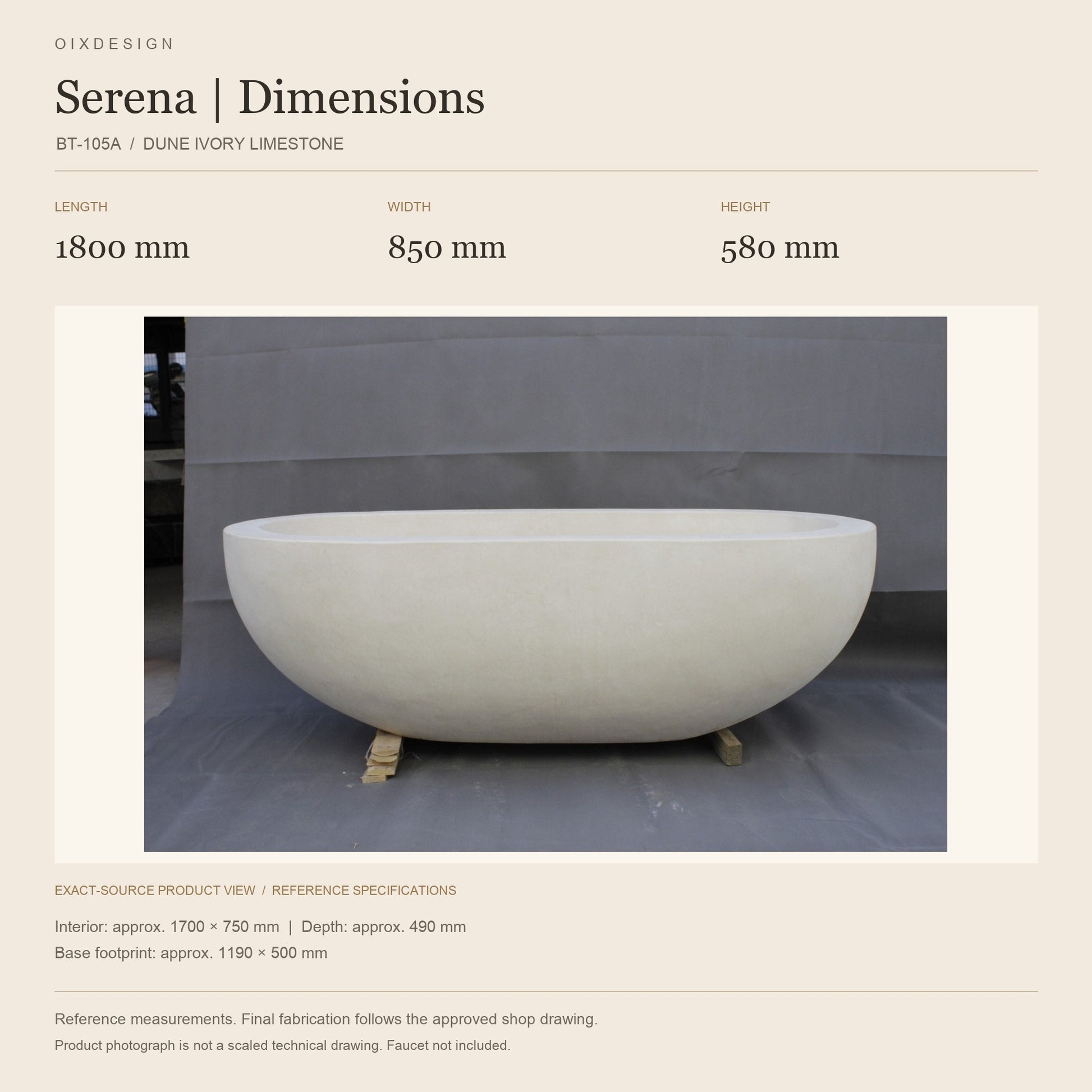 Serena BT-105A Dune Ivory Limestone bathtub reference dimensions: length 1800 mm, width 850 mm, height 580 mm; actual-source product image in a warm ivory specification layout