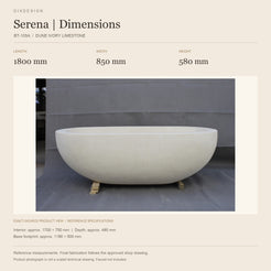Serena BT-105A Dune Ivory Limestone bathtub reference dimensions: length 1800 mm, width 850 mm, height 580 mm; actual-source product image in a warm ivory specification layout