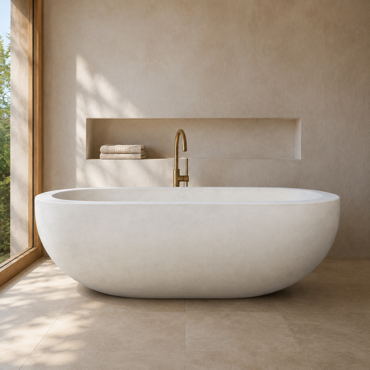 Serena BT-105A Dune Ivory Limestone bathtub in a complete warm architectural bathroom styled visualization, based on the exact product reference; not a completed client installation