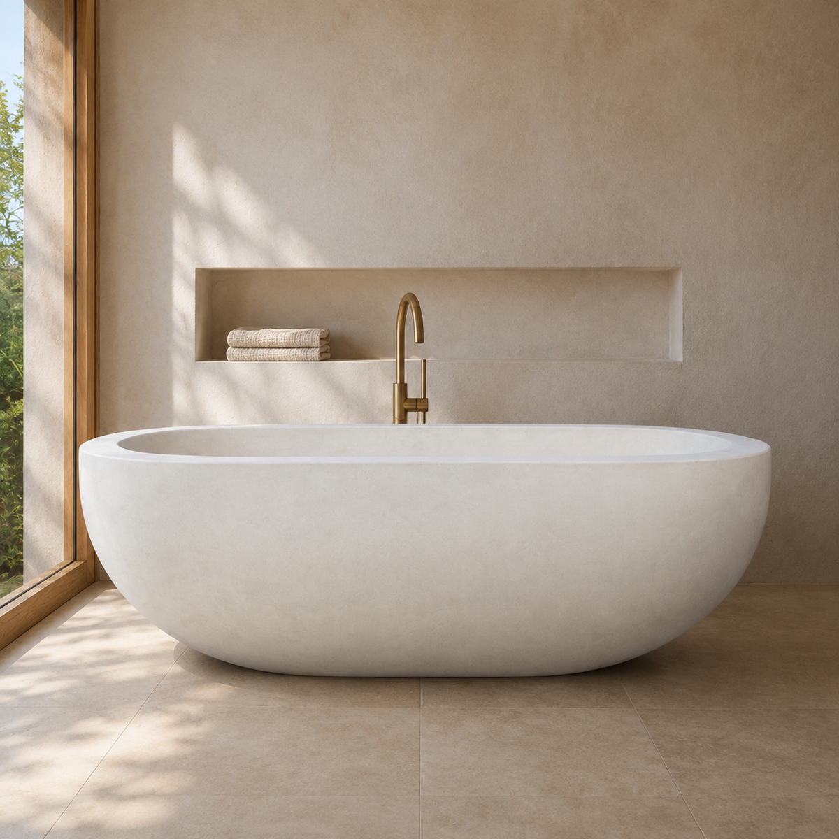 Serena BT-105A Dune Ivory Limestone bathtub in a complete warm architectural bathroom styled visualization, based on the exact product reference; not a completed client installation