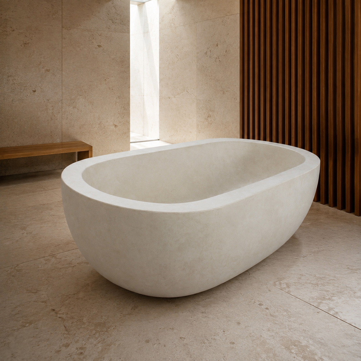 Serena BT-105A Dune Ivory Limestone bathtub in a complete complementary daylight spa styled visualization, based on the exact product reference; not a completed client installation