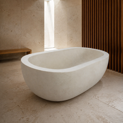 Serena BT-105A Dune Ivory Limestone bathtub in a complete complementary daylight spa styled visualization, based on the exact product reference; not a completed client installation