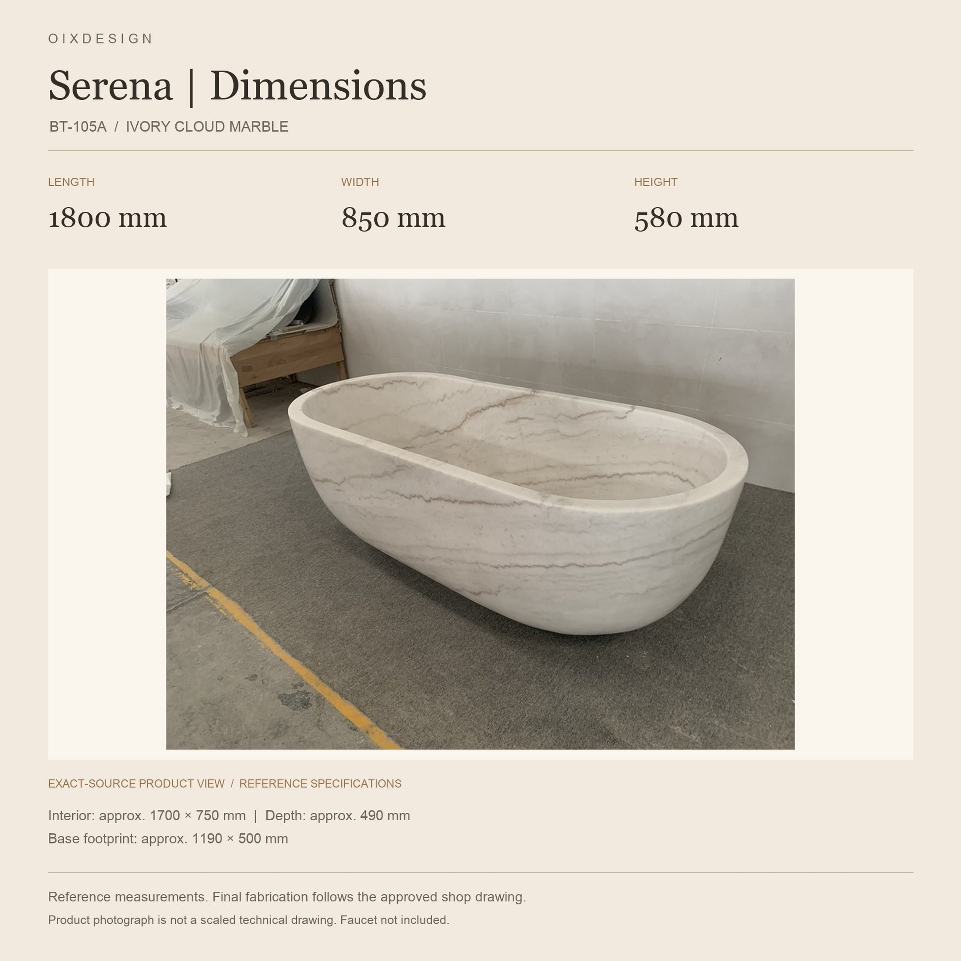 Serena BT-105A Ivory Cloud Marble bathtub reference dimensions: length 1800 mm, width 850 mm, height 580 mm; actual-source product image in a warm ivory specification layout