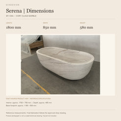 Serena BT-105A Ivory Cloud Marble bathtub reference dimensions: length 1800 mm, width 850 mm, height 580 mm; actual-source product image in a warm ivory specification layout