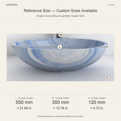 Shabin Azura Blue Quartzite Vessel Sink reference overall dimensions in millimeters and inches