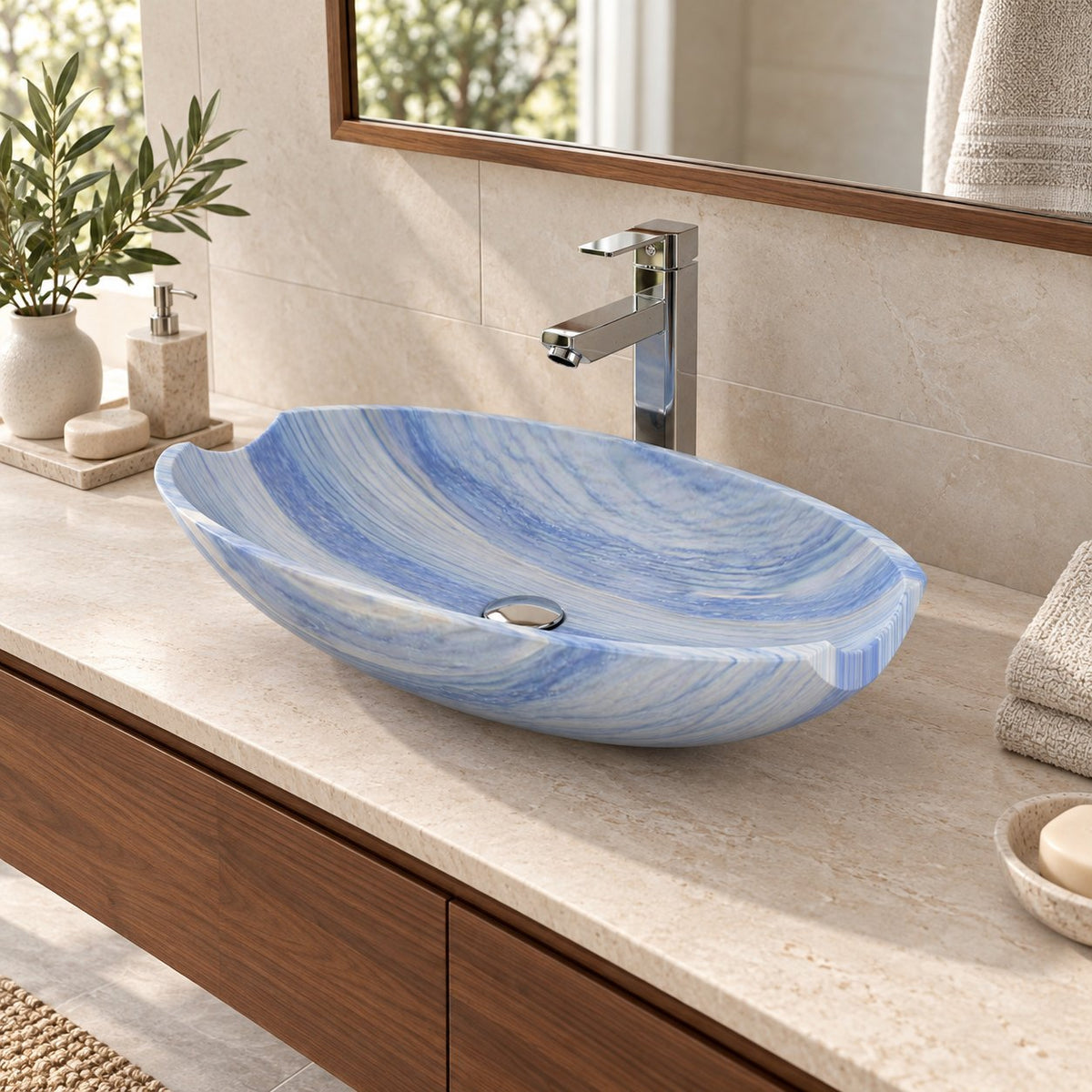 Shabu Azura Blue Quartzite Vessel Sink — three-quarter bathroom lifestyle