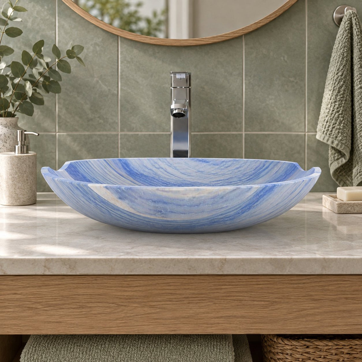 Shabu Azura Blue Quartzite Vessel Sink — low frontal bathroom lifestyle