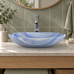 Shabu Azura Blue Quartzite Vessel Sink — low frontal bathroom lifestyle