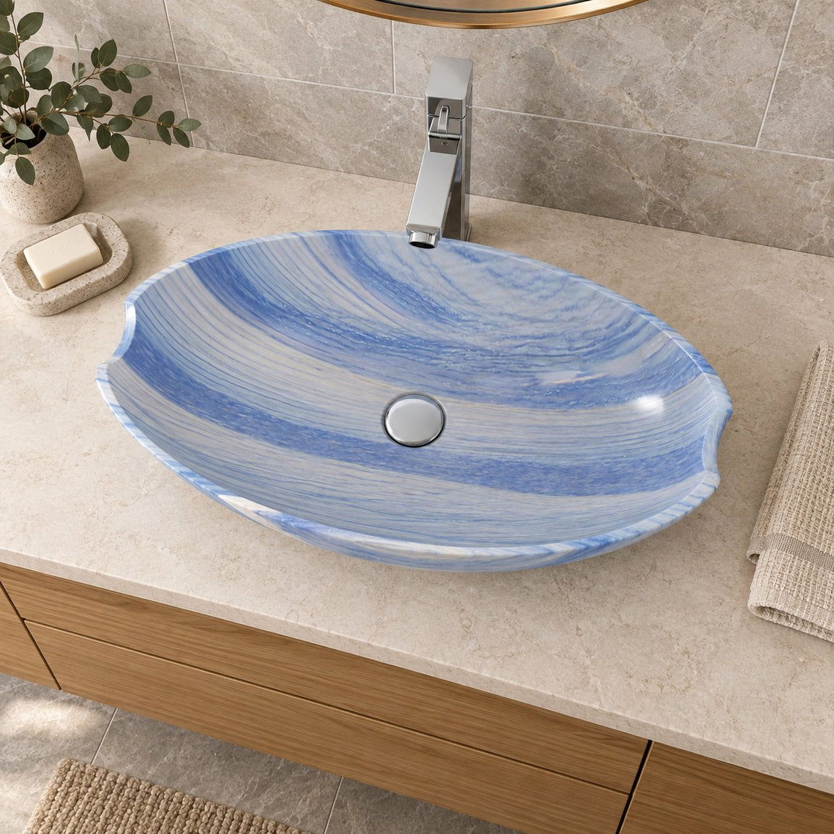 Shabu Azura Blue Quartzite Vessel Sink — overhead bathroom lifestyle
