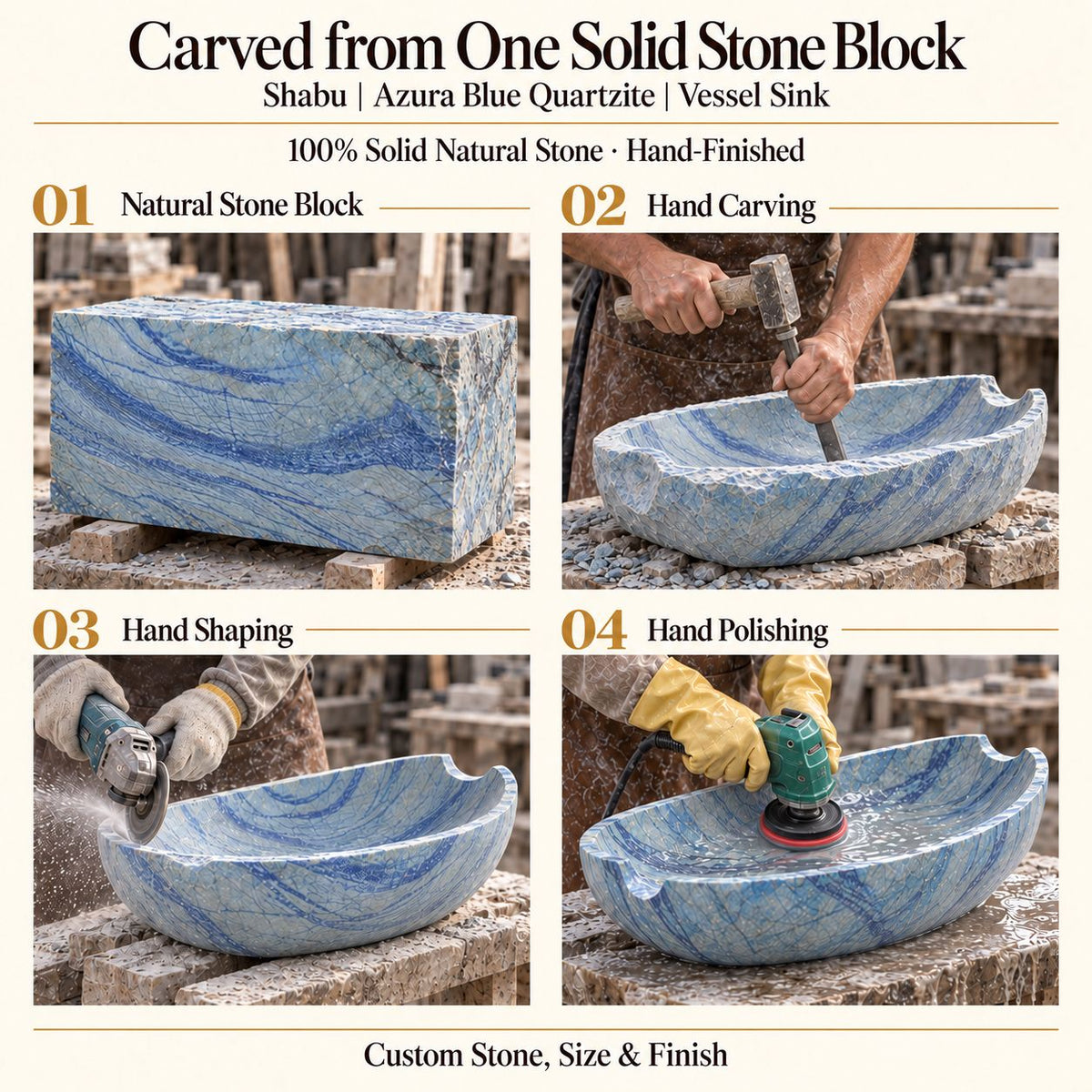 Shabu Azura Blue Quartzite Vessel Sink carved from one solid stone block, showing manual hammer-and-chisel carving, hand shaping and hand polishing; custom stone, size and finish.