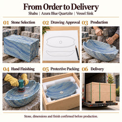 Shabu Azura Blue Quartzite Vessel Sink from order to delivery: material selection, drawing approval, production, hand finishing, protective foam packing in a plywood crate and delivery; specifications confirmed before production.