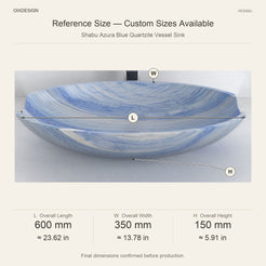 Shabu Azura Blue Quartzite Vessel Sink reference overall dimensions in millimeters and inches