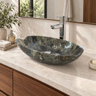 Shabu Celestia Blue Quartzite Vessel Sink — three-quarter bathroom lifestyle