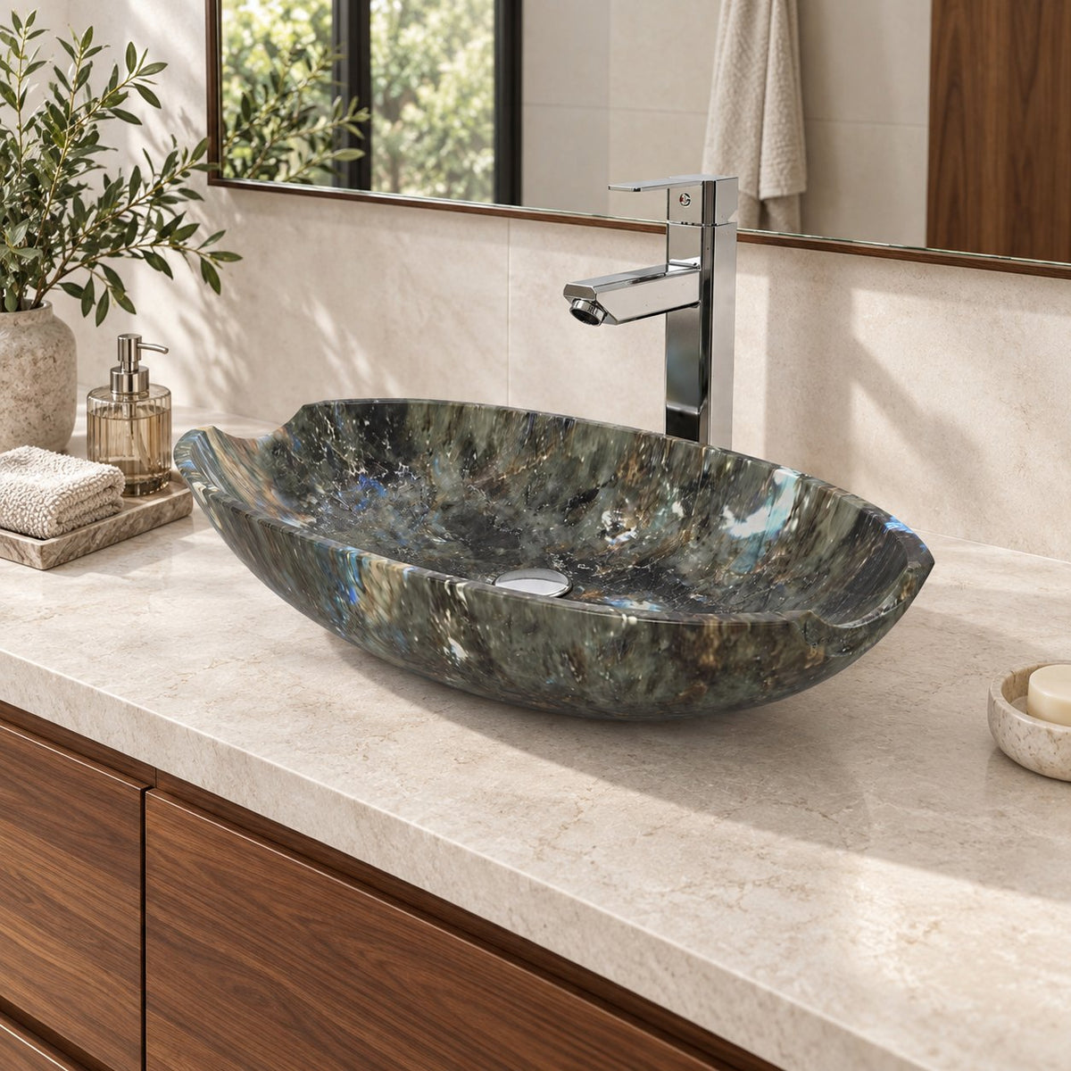 Shabu Celestia Blue Quartzite Vessel Sink — three-quarter bathroom lifestyle
