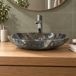 Shabu Celestia Blue Quartzite Vessel Sink — low frontal bathroom lifestyle