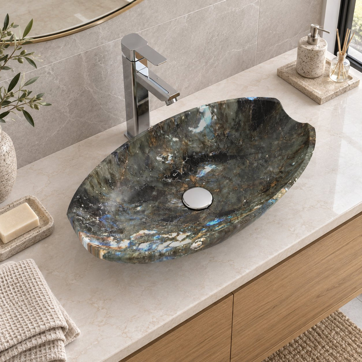 Shabu Celestia Blue Quartzite Vessel Sink — overhead bathroom lifestyle