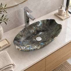Shabu Celestia Blue Quartzite Vessel Sink — overhead bathroom lifestyle