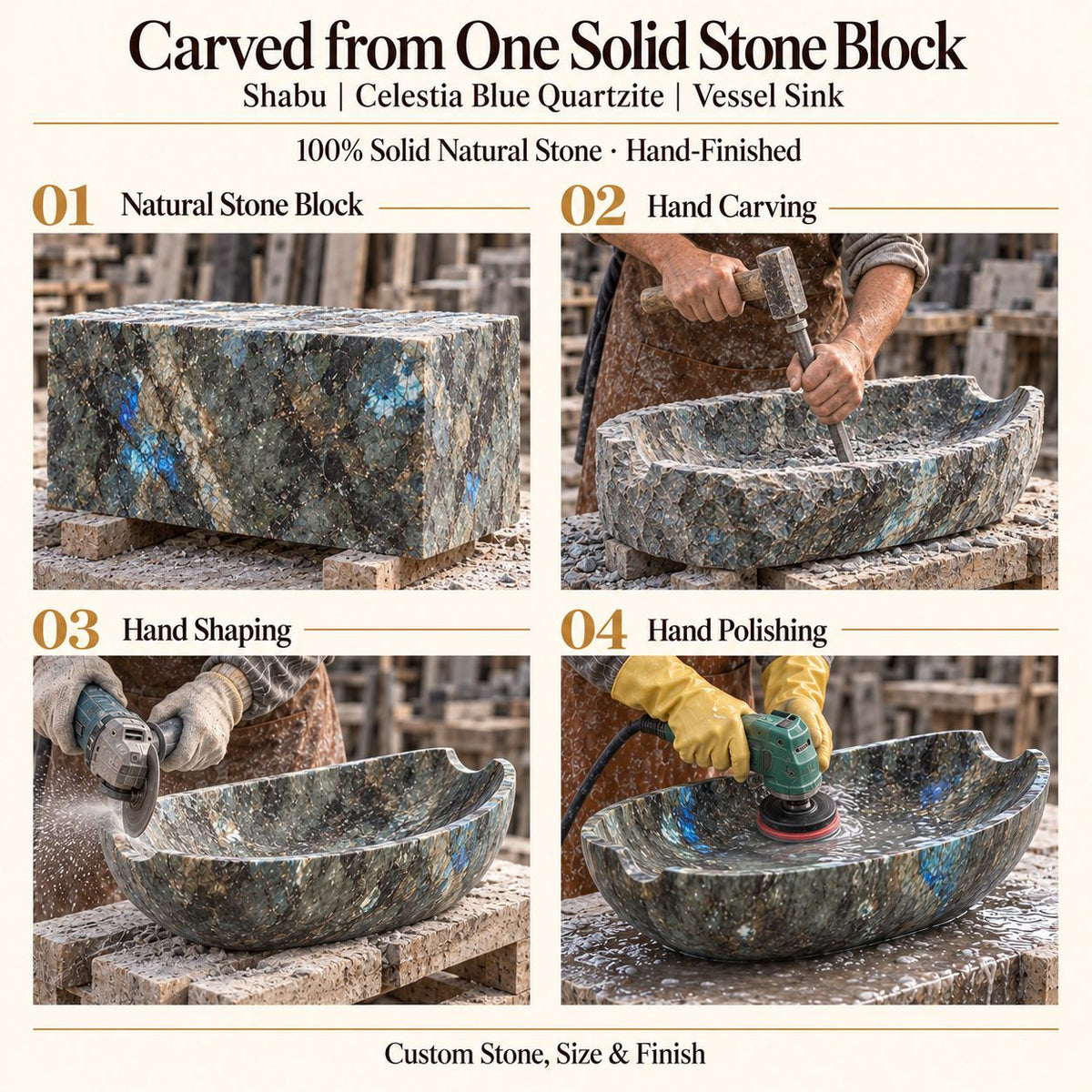 Shabu Celestia Blue Quartzite Vessel Sink carved from one solid stone block, showing manual hammer-and-chisel carving, hand shaping and hand polishing; custom stone, size and finish.