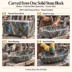 Shabu Celestia Blue Quartzite Vessel Sink carved from one solid stone block, showing manual hammer-and-chisel carving, hand shaping and hand polishing; custom stone, size and finish.