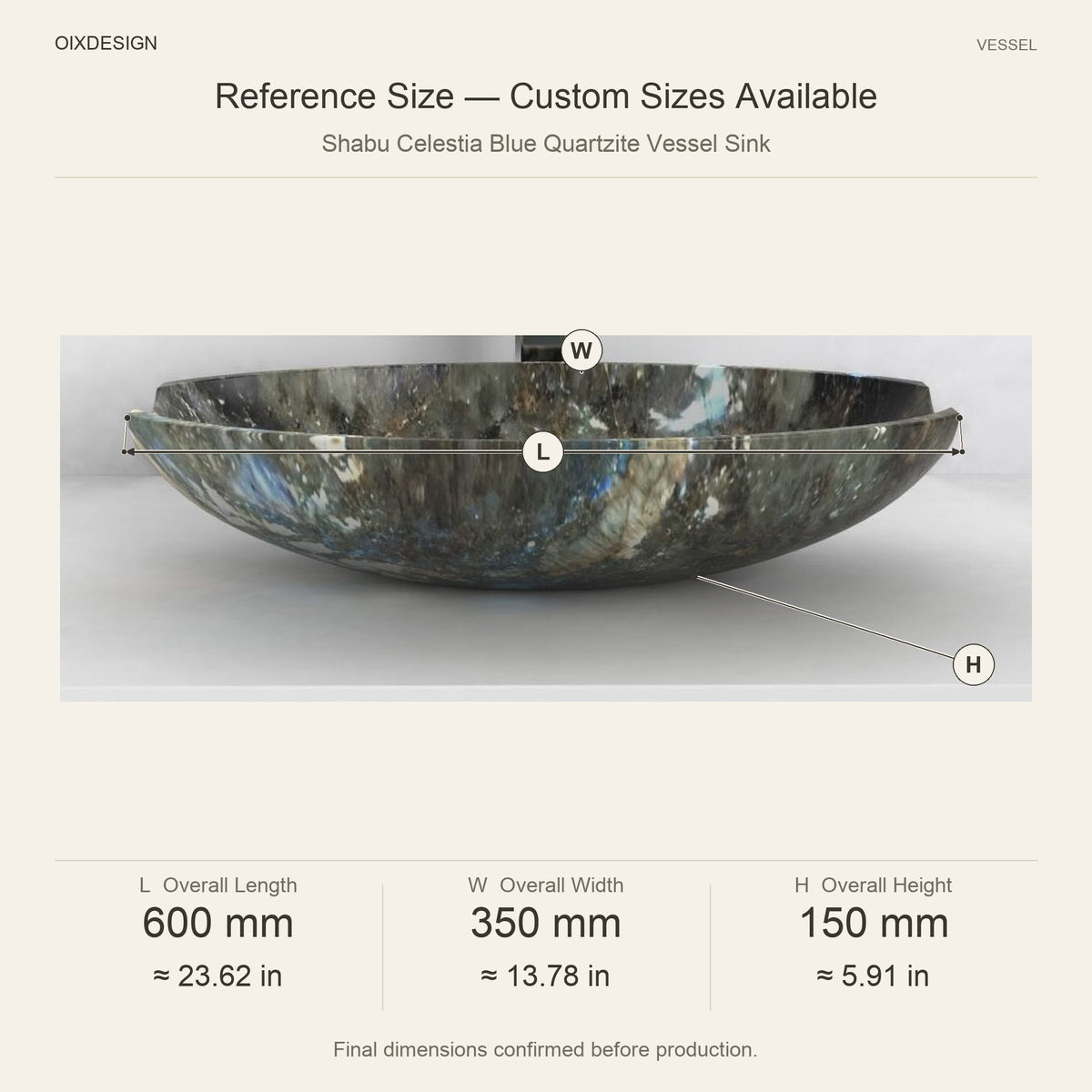 Shabu Celestia Blue Quartzite Vessel Sink reference overall dimensions in millimeters and inches