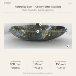 Shabu Celestia Blue Quartzite Vessel Sink reference overall dimensions in millimeters and inches