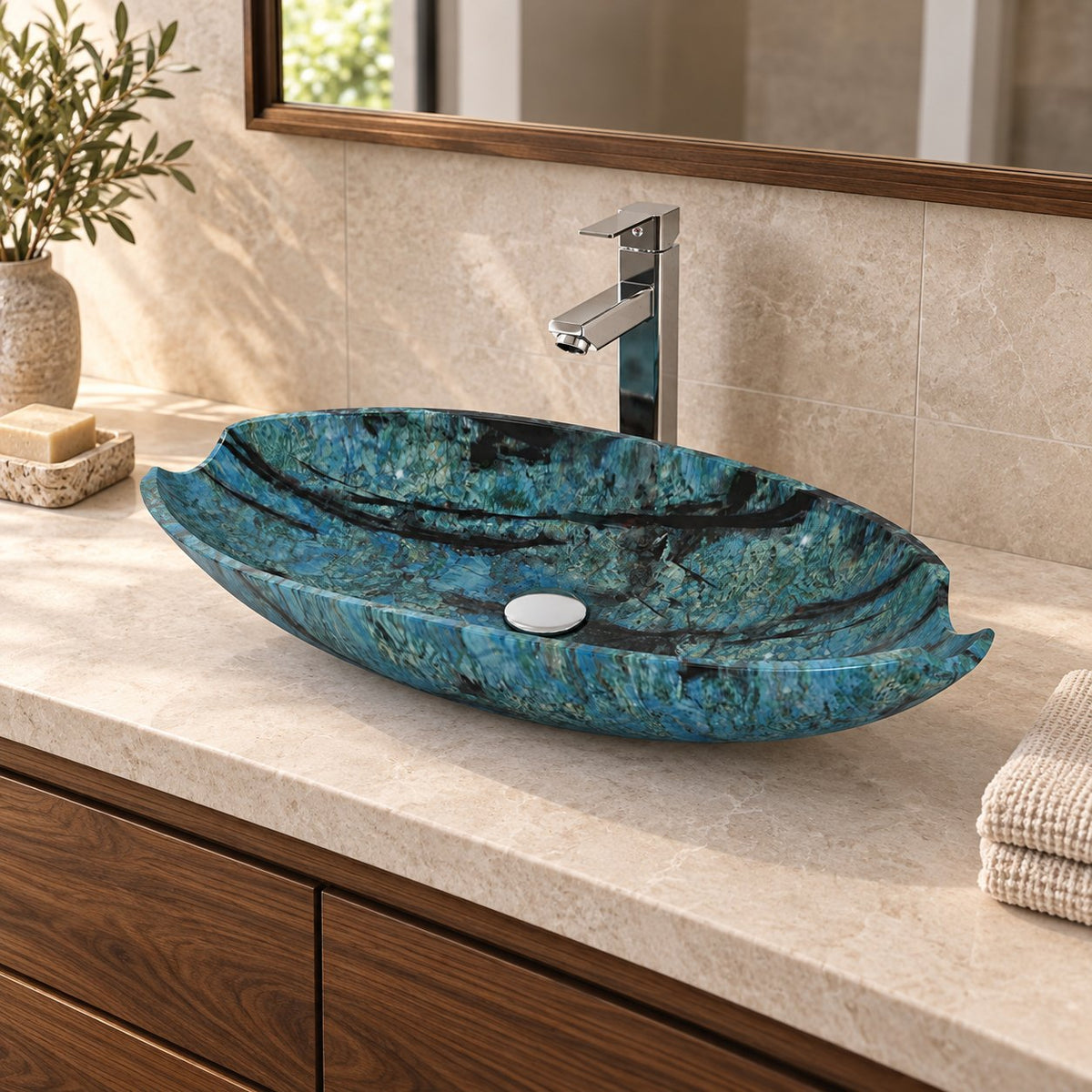 Shabu Danube Blue Quartzite Vessel Sink — three-quarter bathroom lifestyle