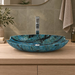 Shabu Danube Blue Quartzite Vessel Sink — low frontal bathroom lifestyle