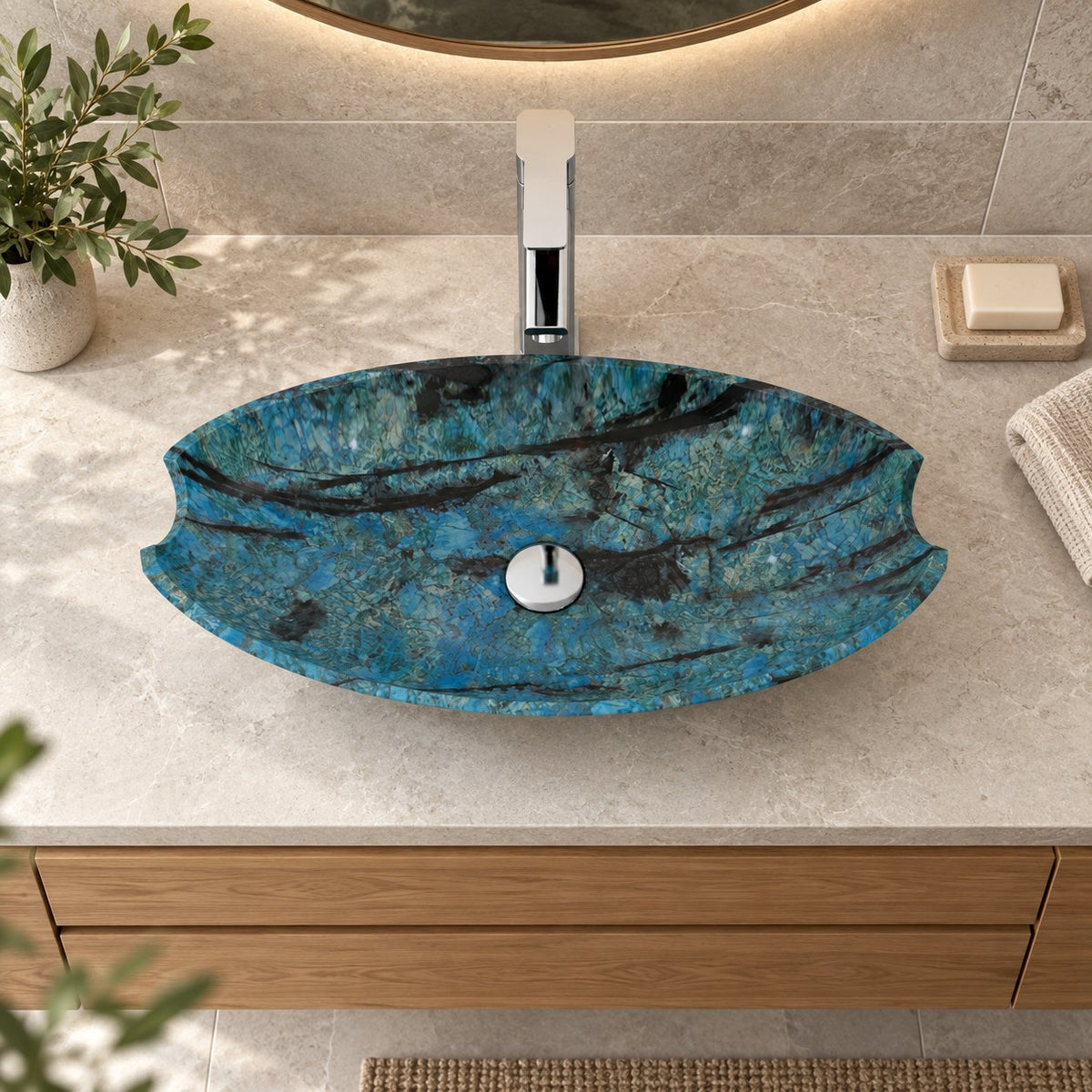 Shabu Danube Blue Quartzite Vessel Sink — overhead bathroom lifestyle