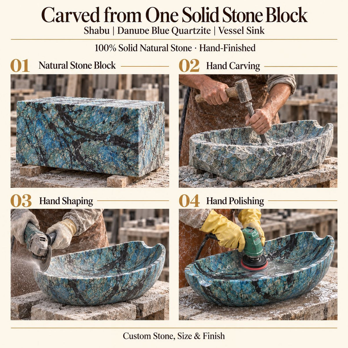 Shabu Danube Blue Quartzite Vessel Sink carved from one solid stone block, showing manual hammer-and-chisel carving, hand shaping and hand polishing; custom stone, size and finish.