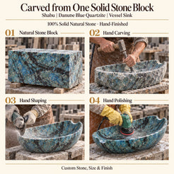 Shabu Danube Blue Quartzite Vessel Sink carved from one solid stone block, showing manual hammer-and-chisel carving, hand shaping and hand polishing; custom stone, size and finish.