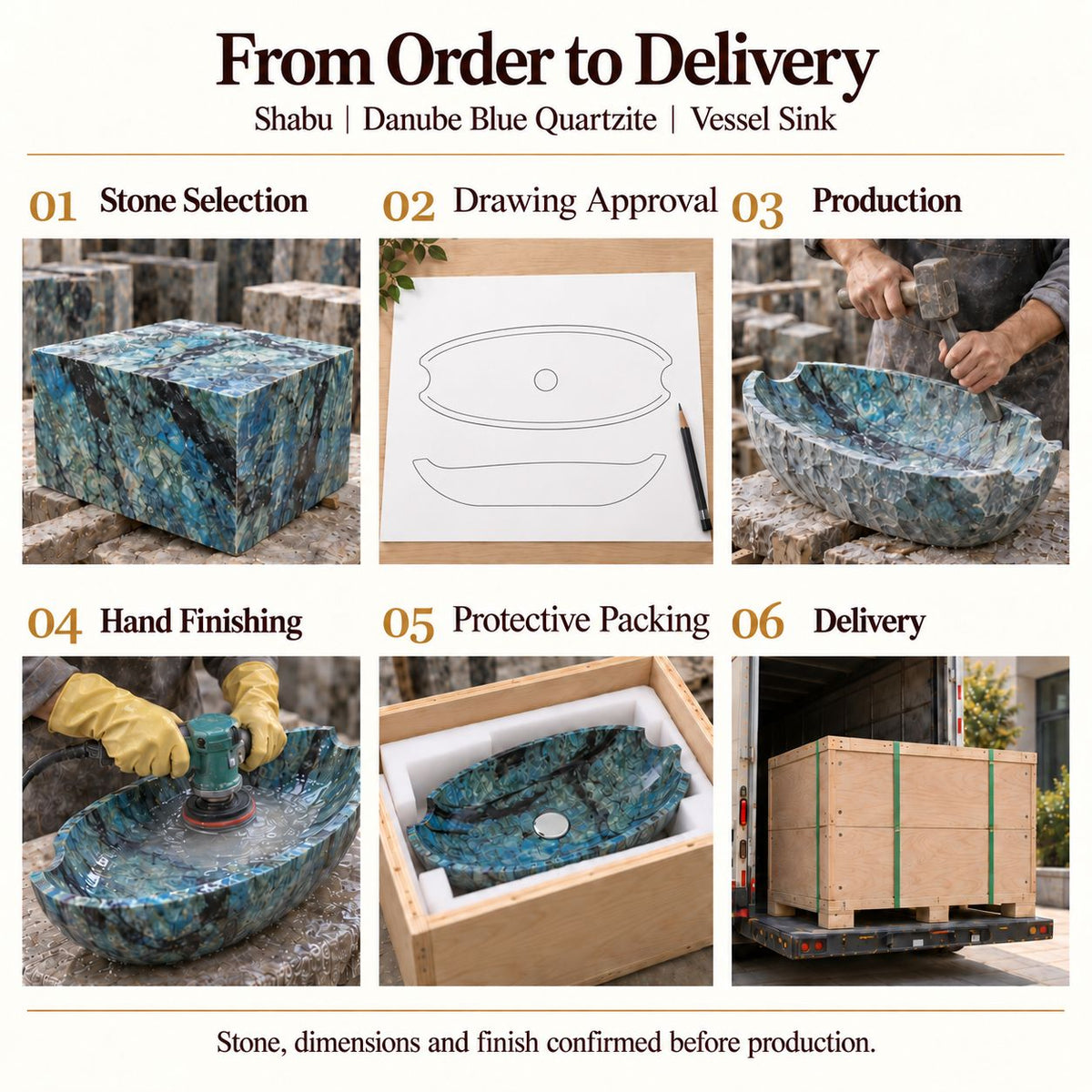 Shabu Danube Blue Quartzite Vessel Sink from order to delivery: material selection, drawing approval, production, hand finishing, protective foam packing in a plywood crate and delivery; specifications confirmed before production.